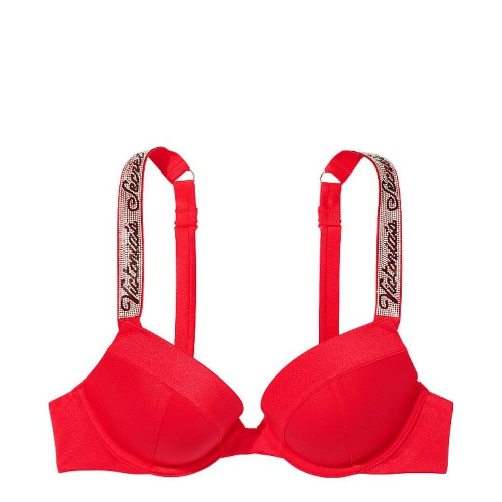 38DD VICTORIA SECRET Swim Shine Strap Push Up Bikini Top Red Logo Rhinestone $70